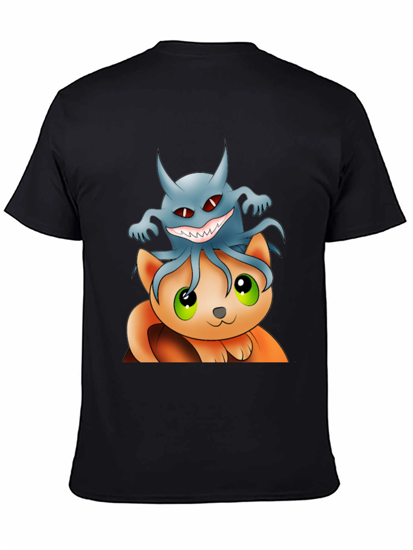 Cat and Ghost Cartoon Black T-Shirt