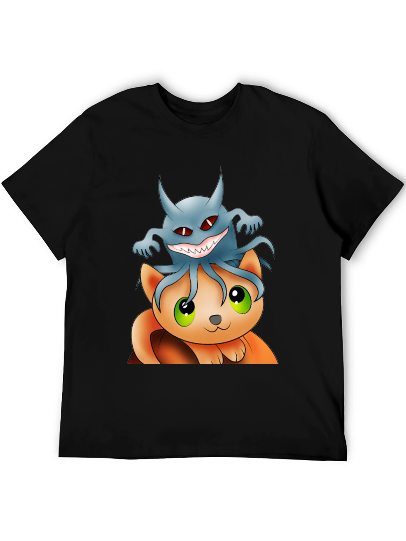 Cat and Ghost Cartoon Black T-Shirt