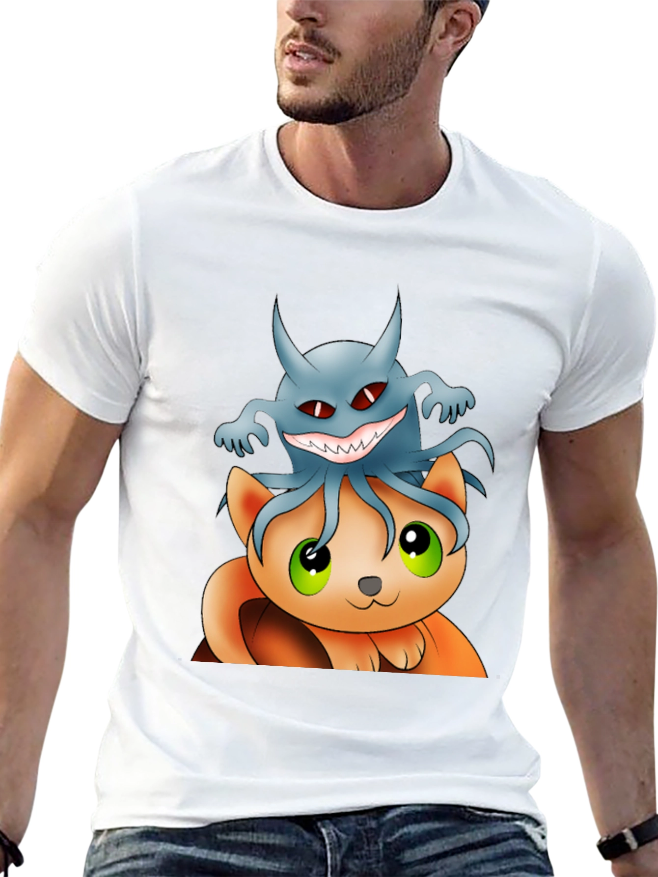Cat and Ghost Cartoon Black T-Shirt