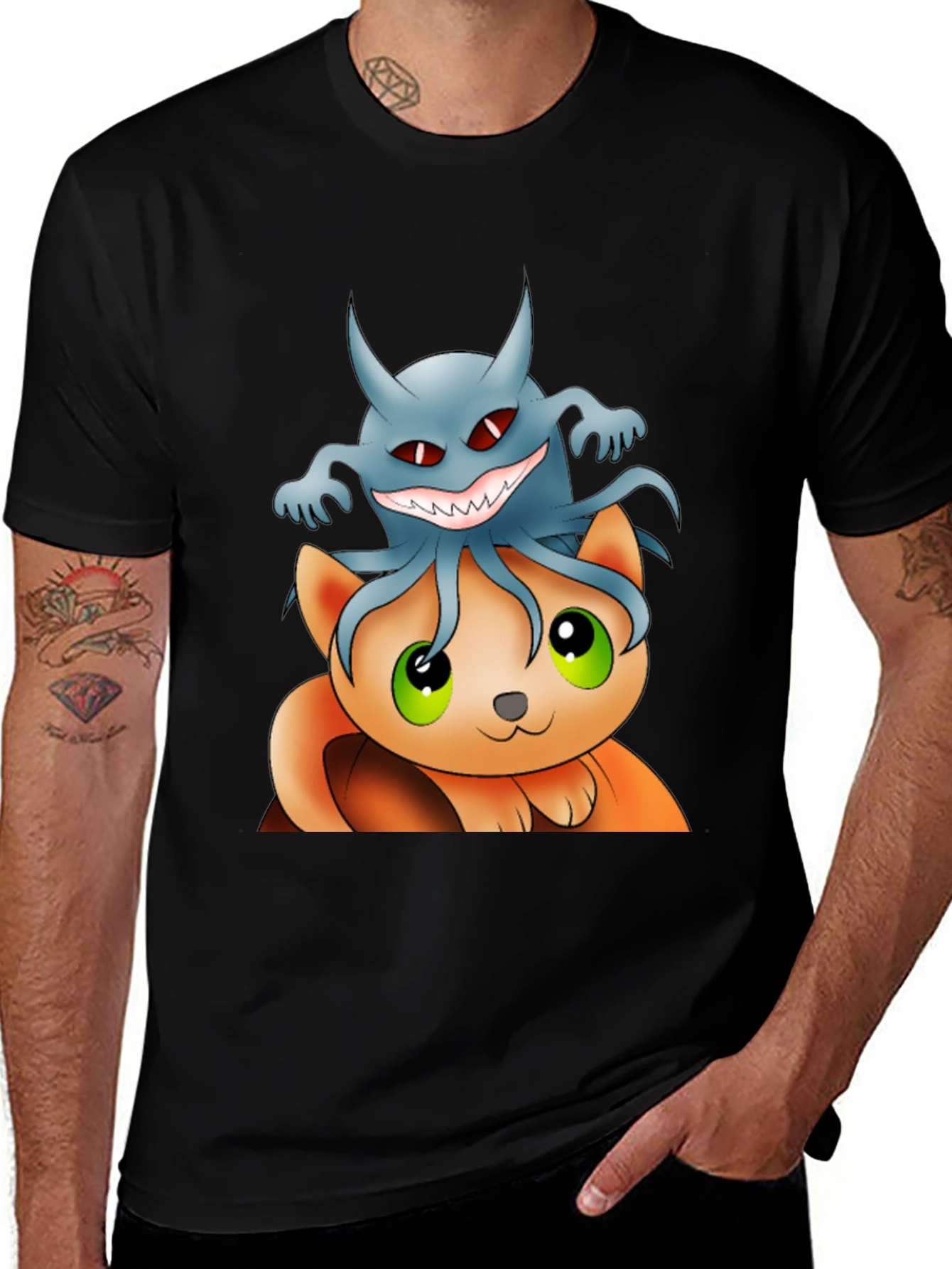 Cat and Ghost Cartoon Black T-Shirt