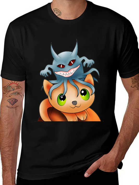 Cat and Ghost Cartoon Black T-Shirt