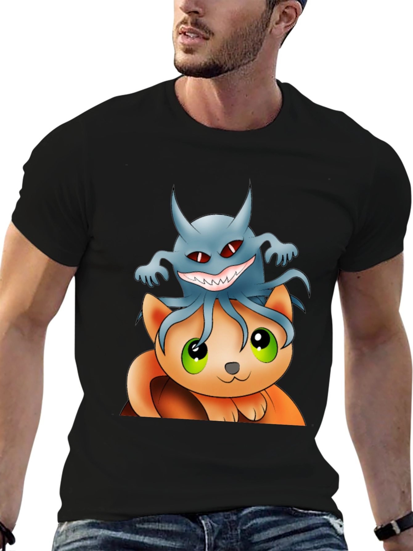 Cat and Ghost Cartoon Black T-Shirt