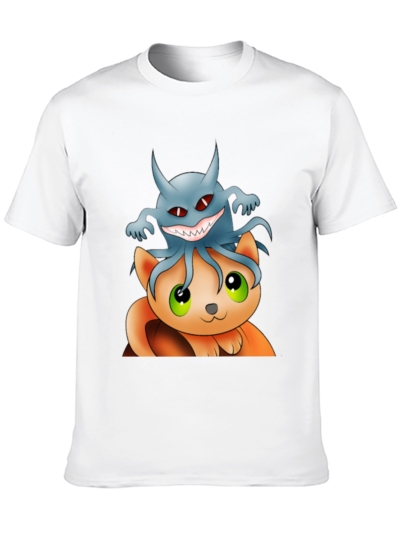 Cat and Ghost Cartoon Black T-Shirt