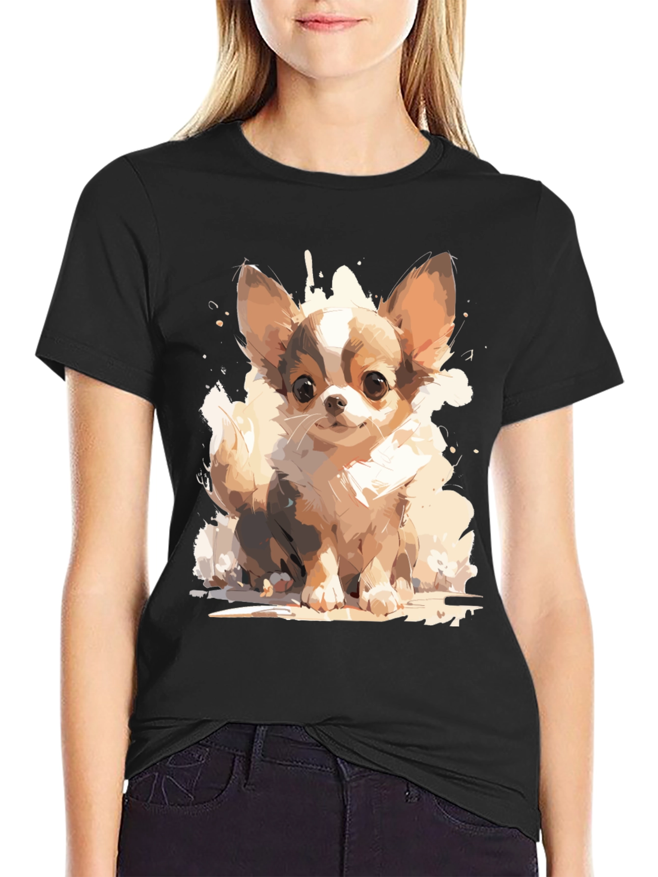 Cute Chihuahua Dog Graphic Tee - Black
