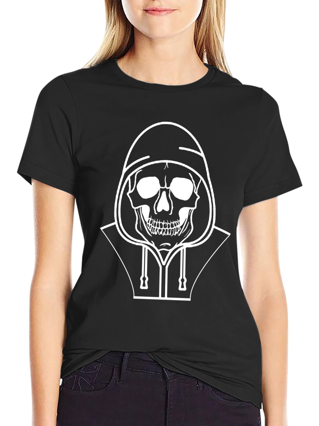 Skull in Hoodie Graphic Tee - Black