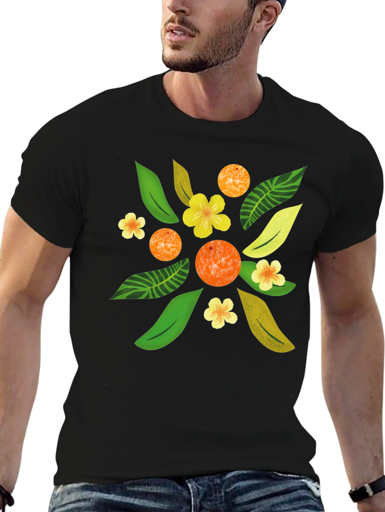 Tropical Floral Print Black T-Shirt