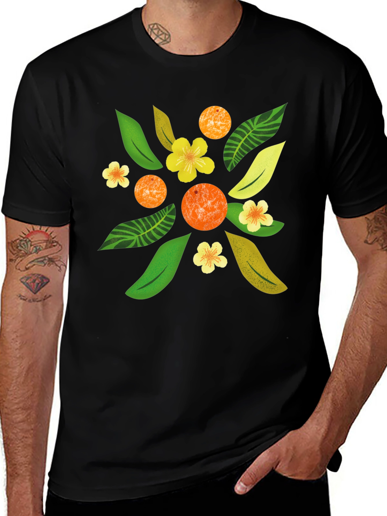 Tropical Floral Print Black T-Shirt