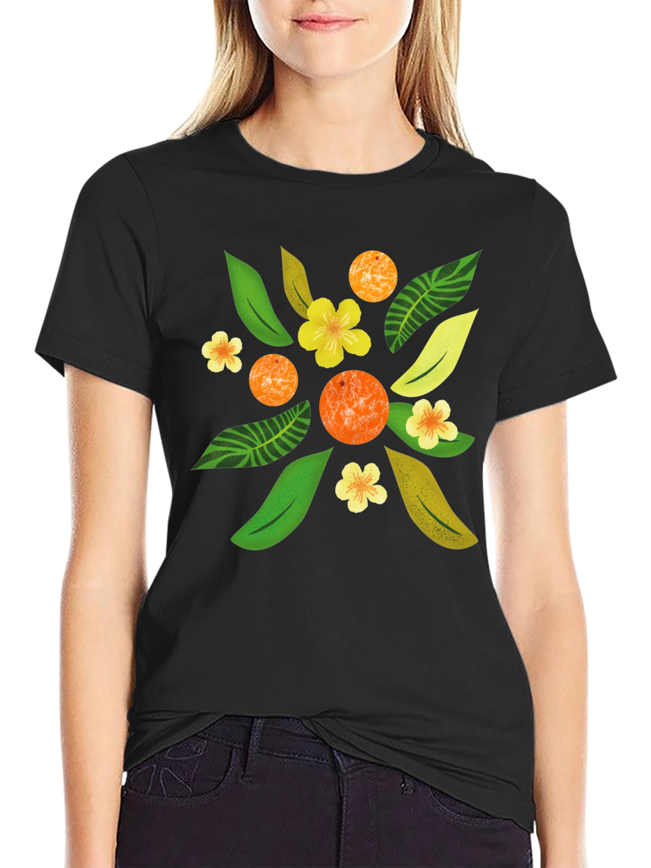 Tropical Floral Print Black T-Shirt