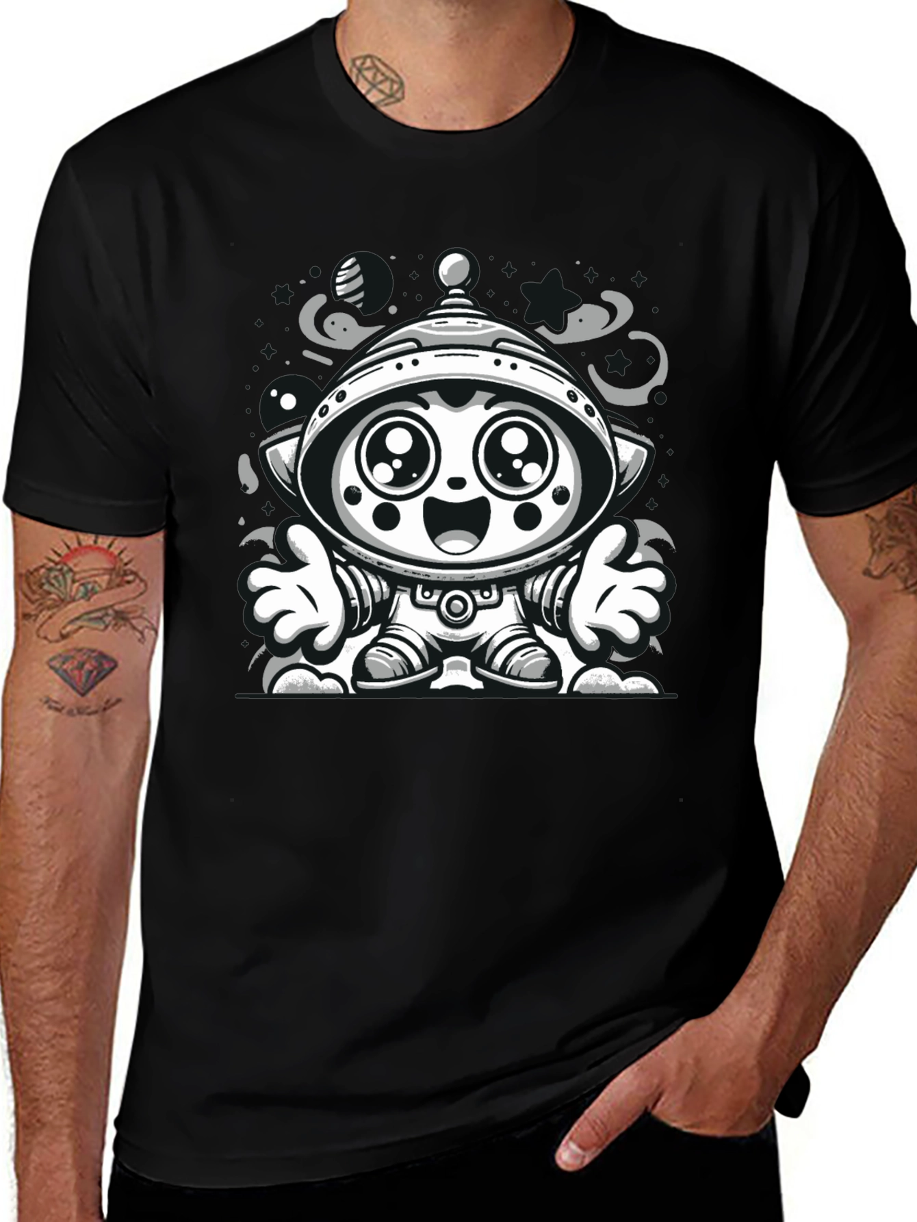 Cartoon Alien Graphic Tee - Black Cotton Blend