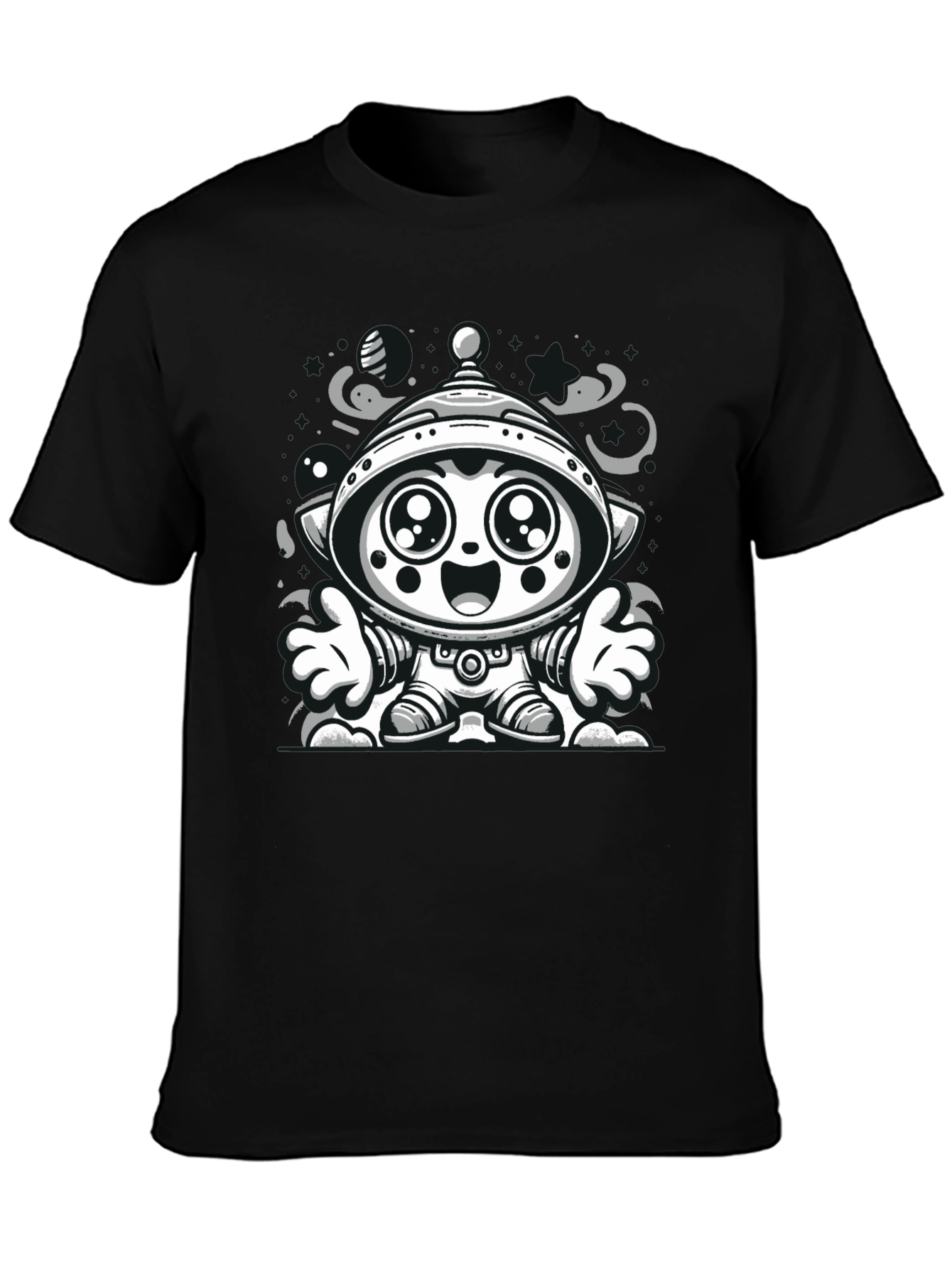 Cartoon Alien Graphic Tee - Black Cotton Blend