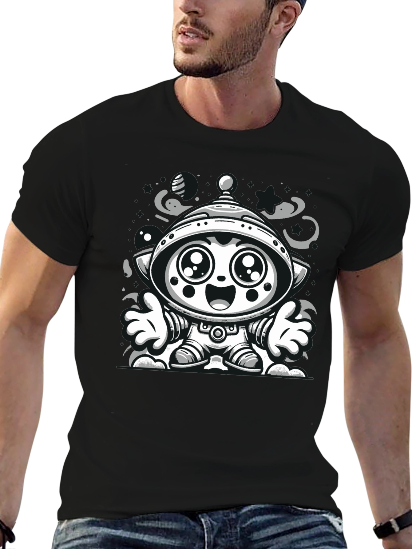 Cartoon Alien Graphic Tee - Black Cotton Blend