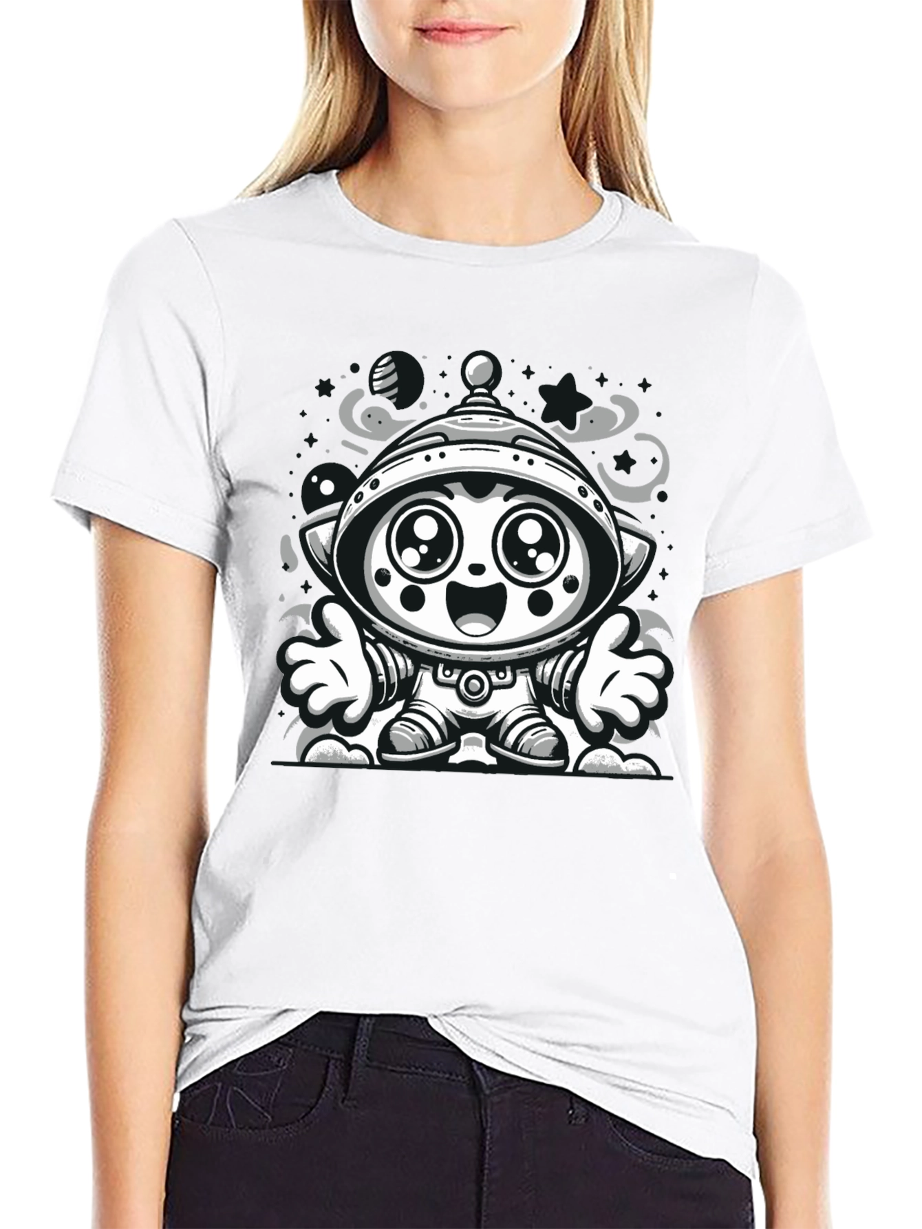 Cartoon Alien Graphic Tee - Black Cotton Blend