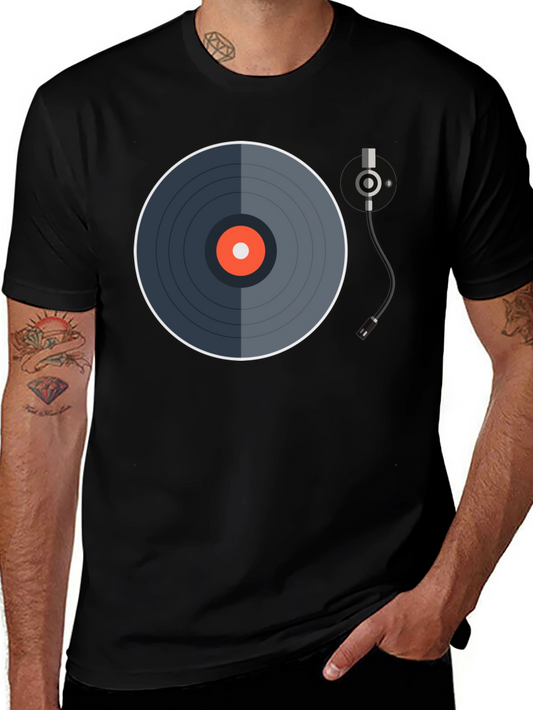 Retro Vinyl Record Graphic Tee - Black Cotton Blend