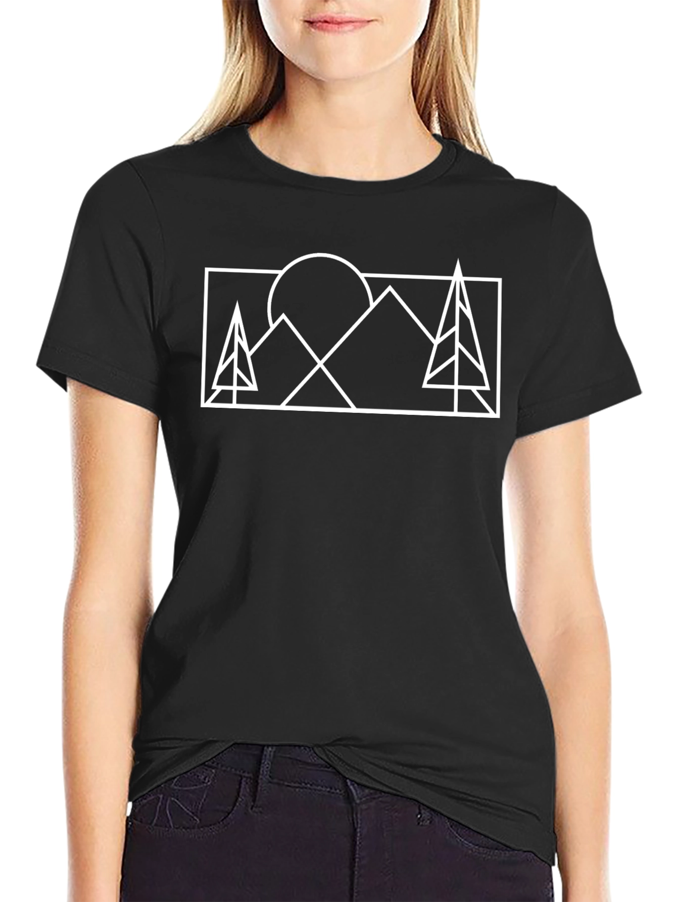 Geometric Mountain Scene Graphic Tee - Black