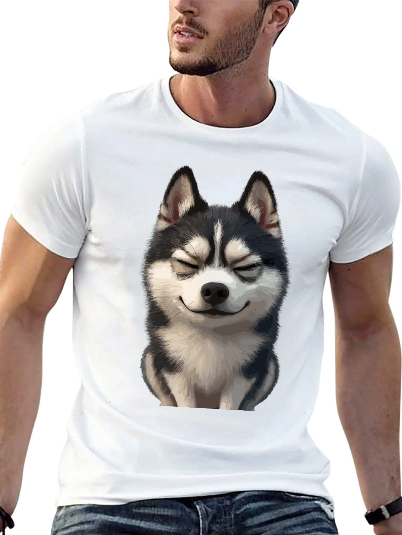 Smiling Husky Graphic Tee - Soft Black Cotton