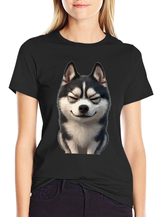 Smiling Husky Graphic Tee - Soft Black Cotton