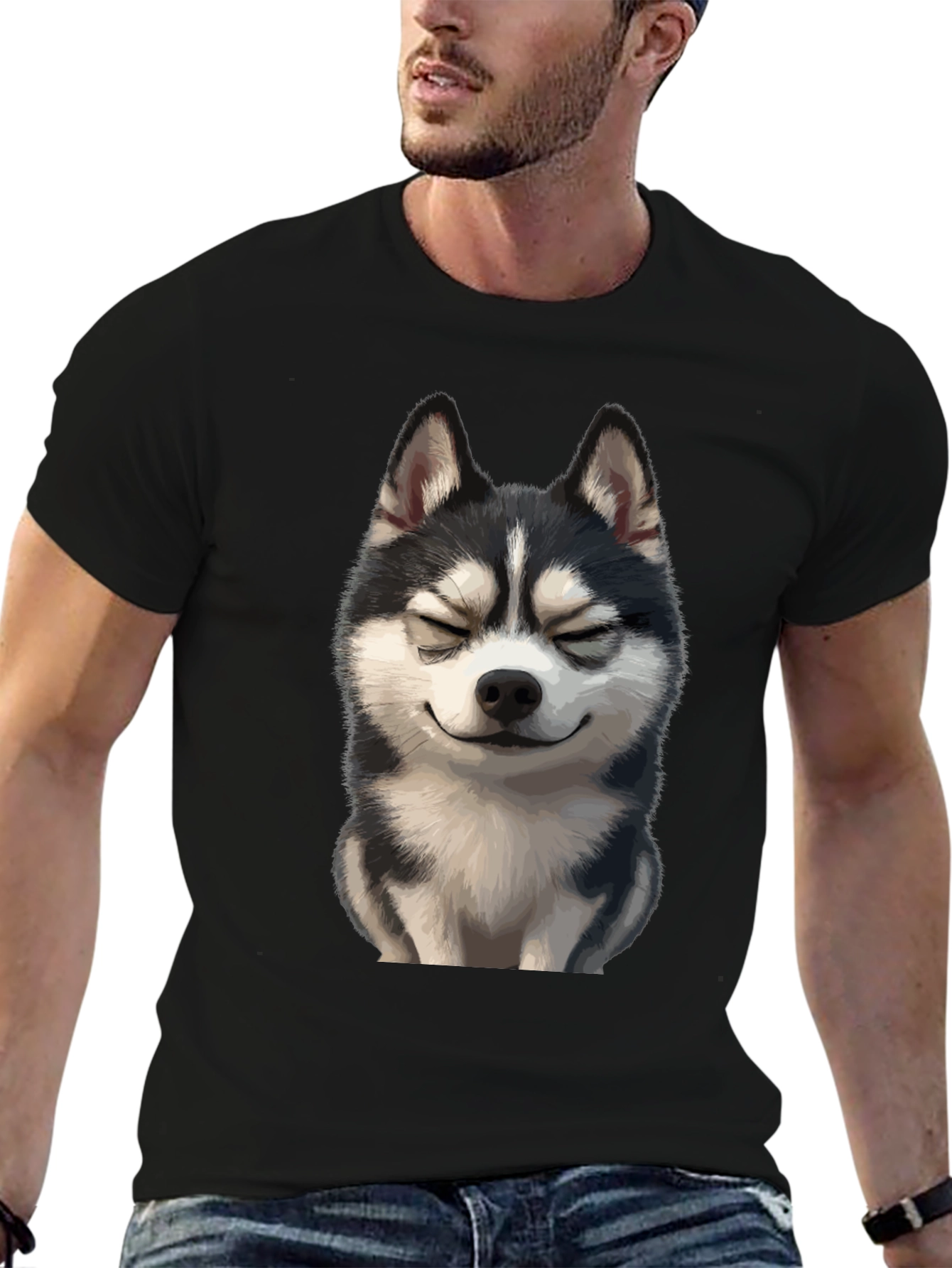 Smiling Husky Graphic Tee - Soft Black Cotton