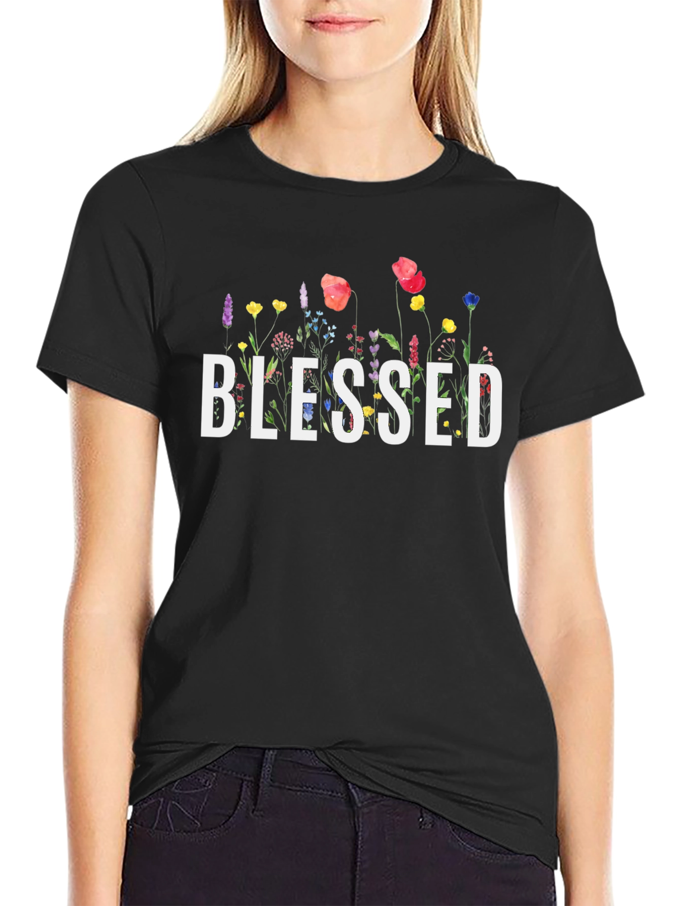 Blessed Floral Graphic Tee - Soft Black T-Shirt