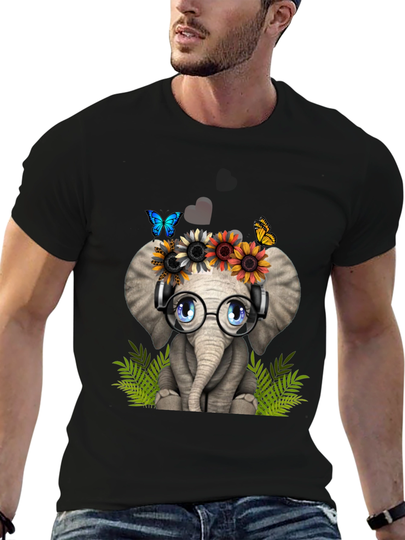 Cute Elephant T-Shirt with Headphones & Flowers