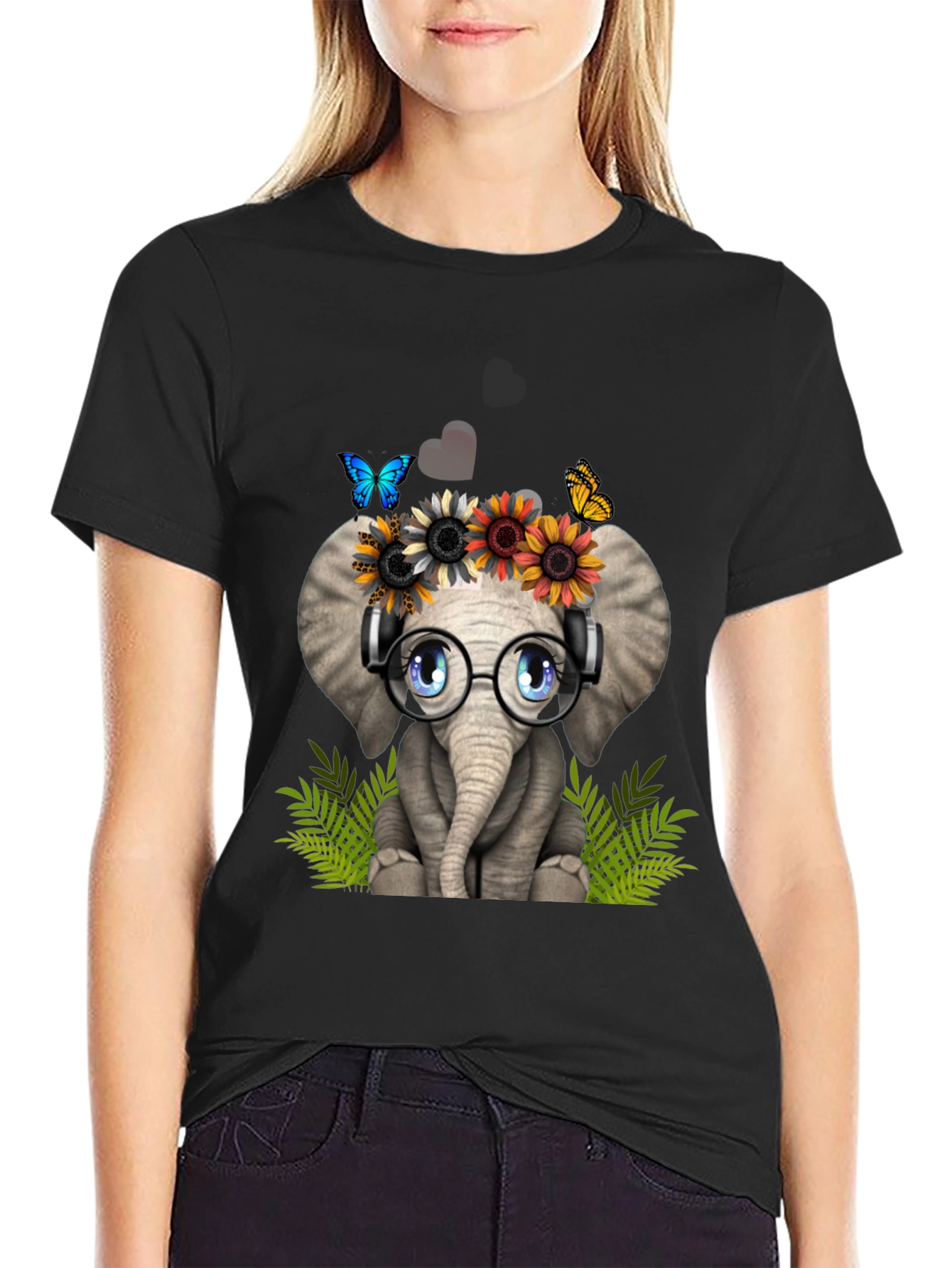 Cute Elephant T-Shirt with Headphones & Flowers