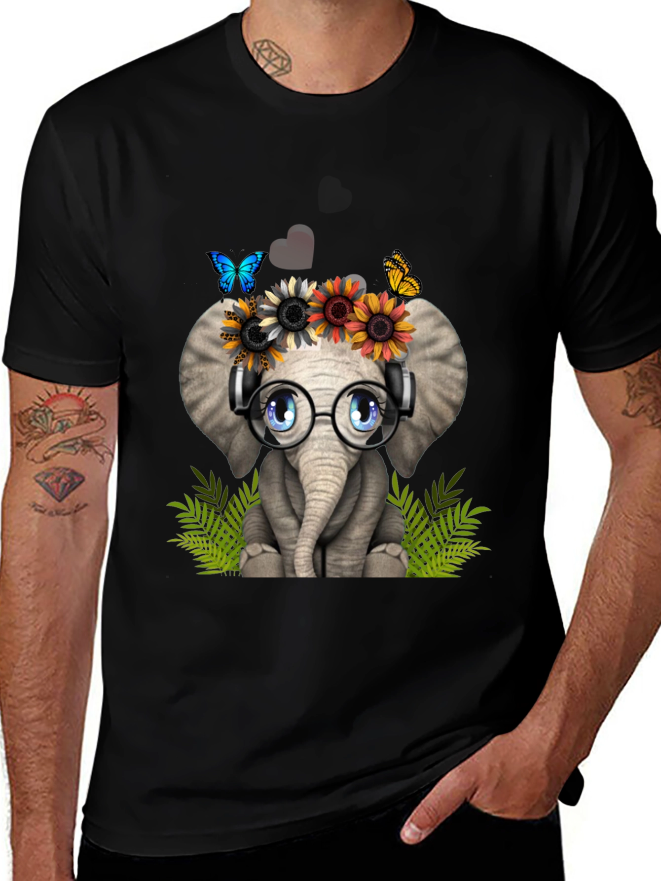 Cute Elephant T-Shirt with Headphones & Flowers