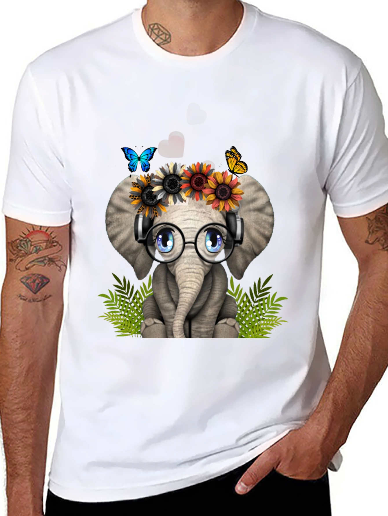Cute Elephant T-Shirt with Headphones & Flowers