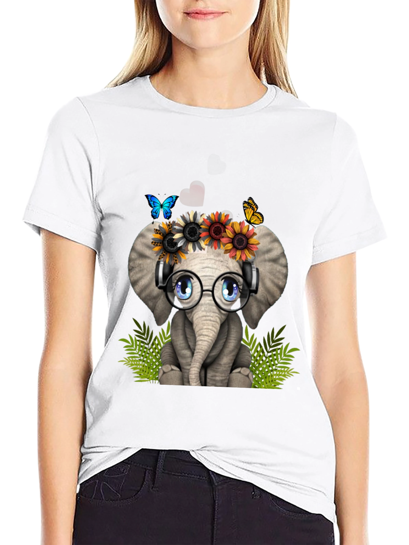 Cute Elephant T-Shirt with Headphones & Flowers