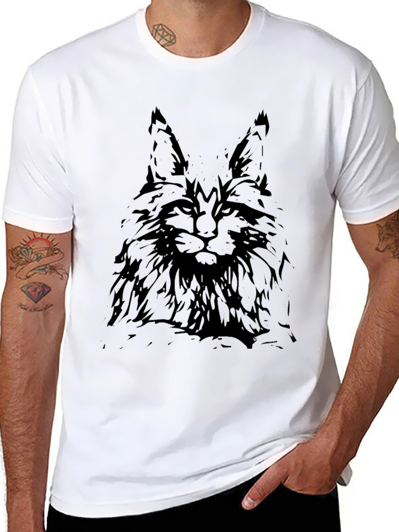 Mens Black T-Shirt with Cat Graphic
