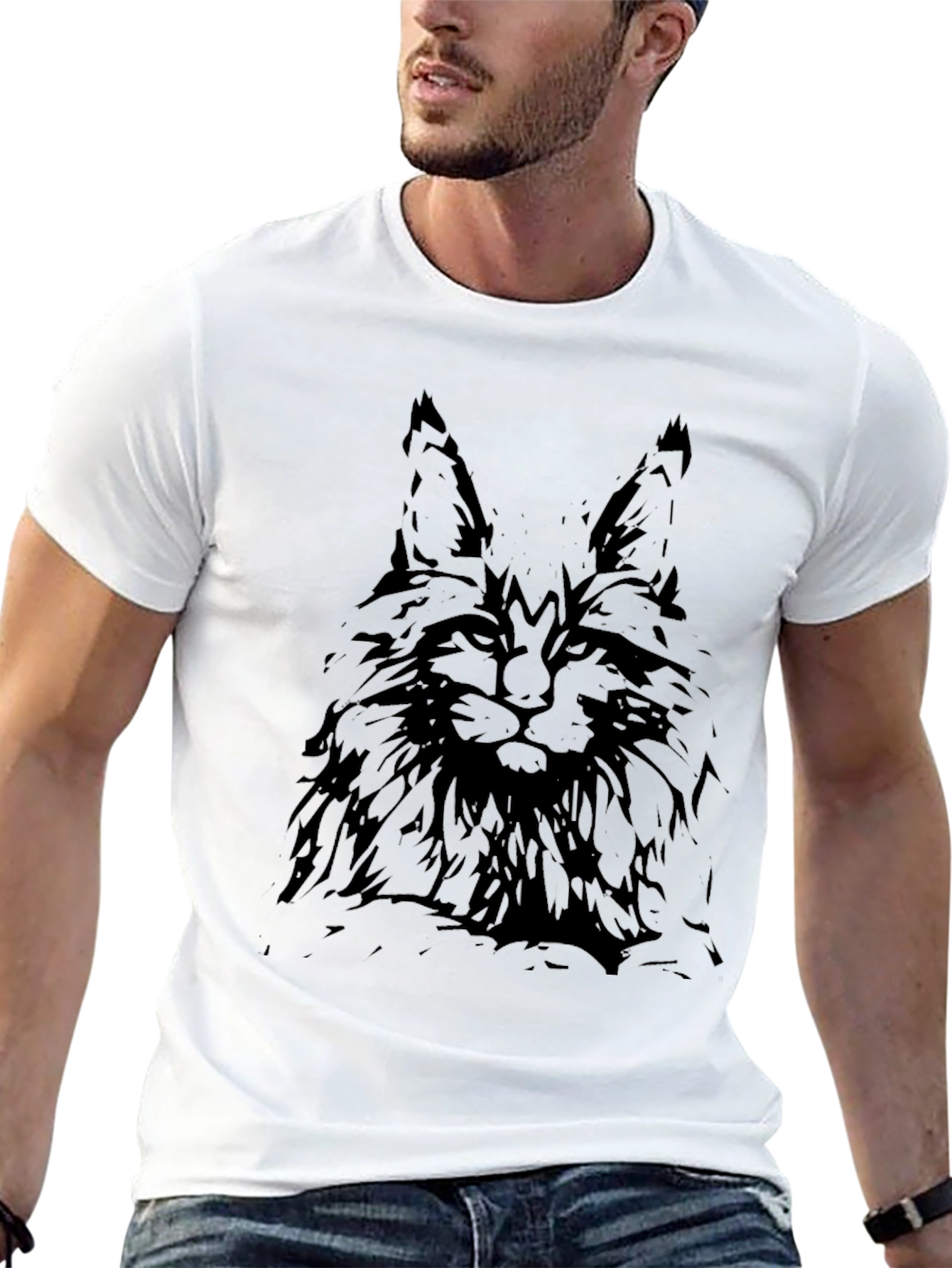 Mens Black T-Shirt with Cat Graphic