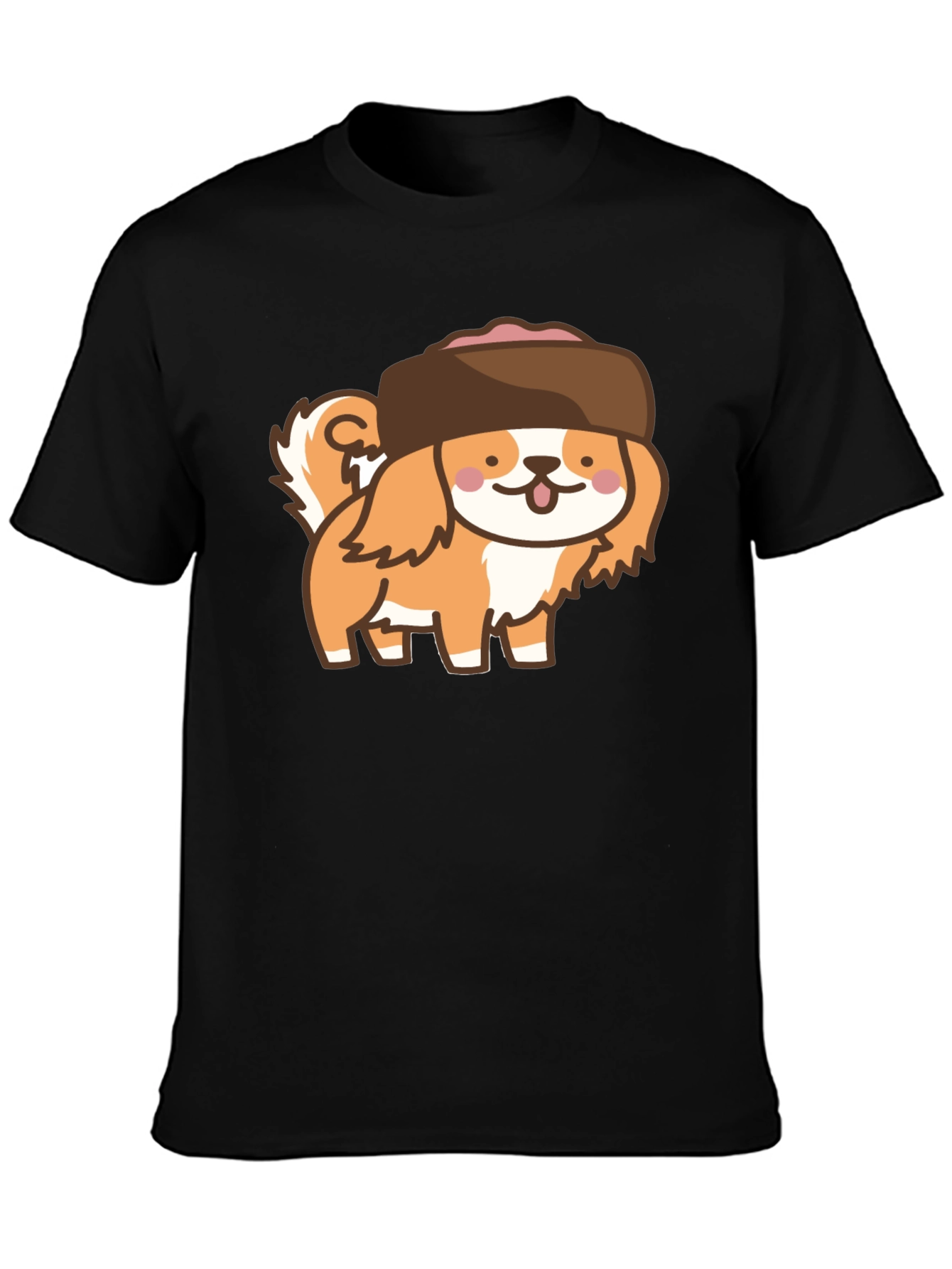 Kawaii Dog in Hat T-Shirt - Black Cotton Tee
