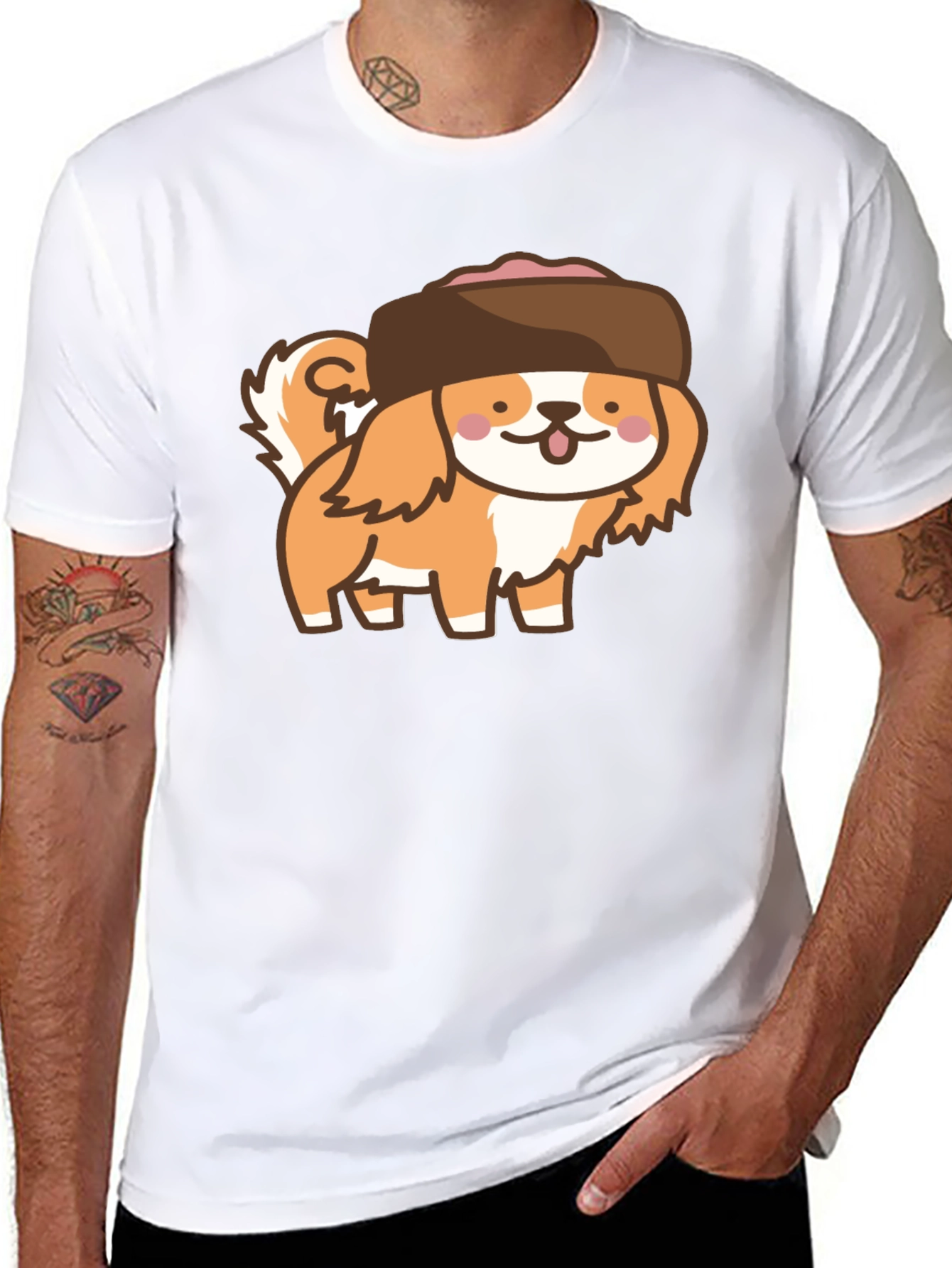 Kawaii Dog in Hat T-Shirt - Black Cotton Tee