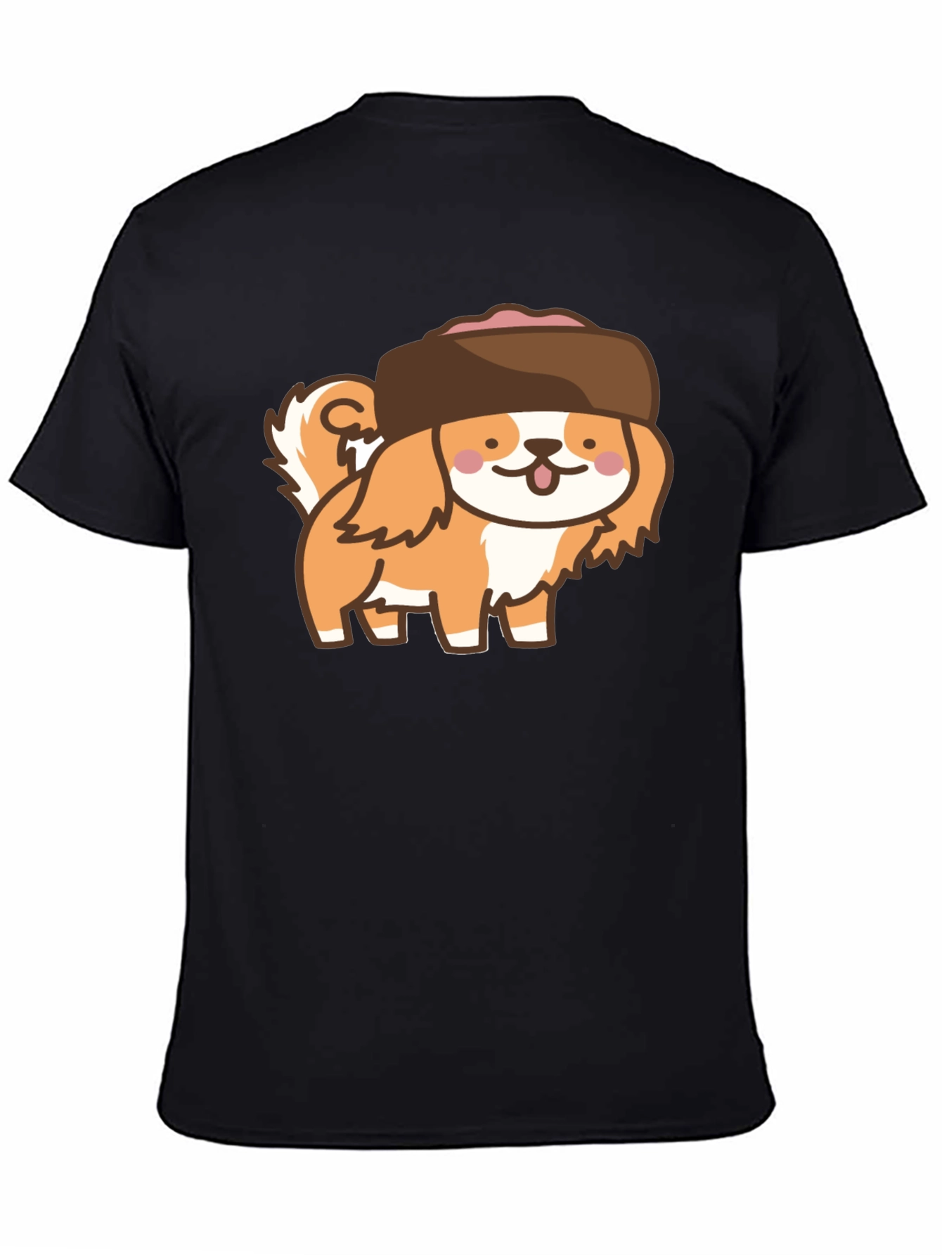 Kawaii Dog in Hat T-Shirt - Black Cotton Tee