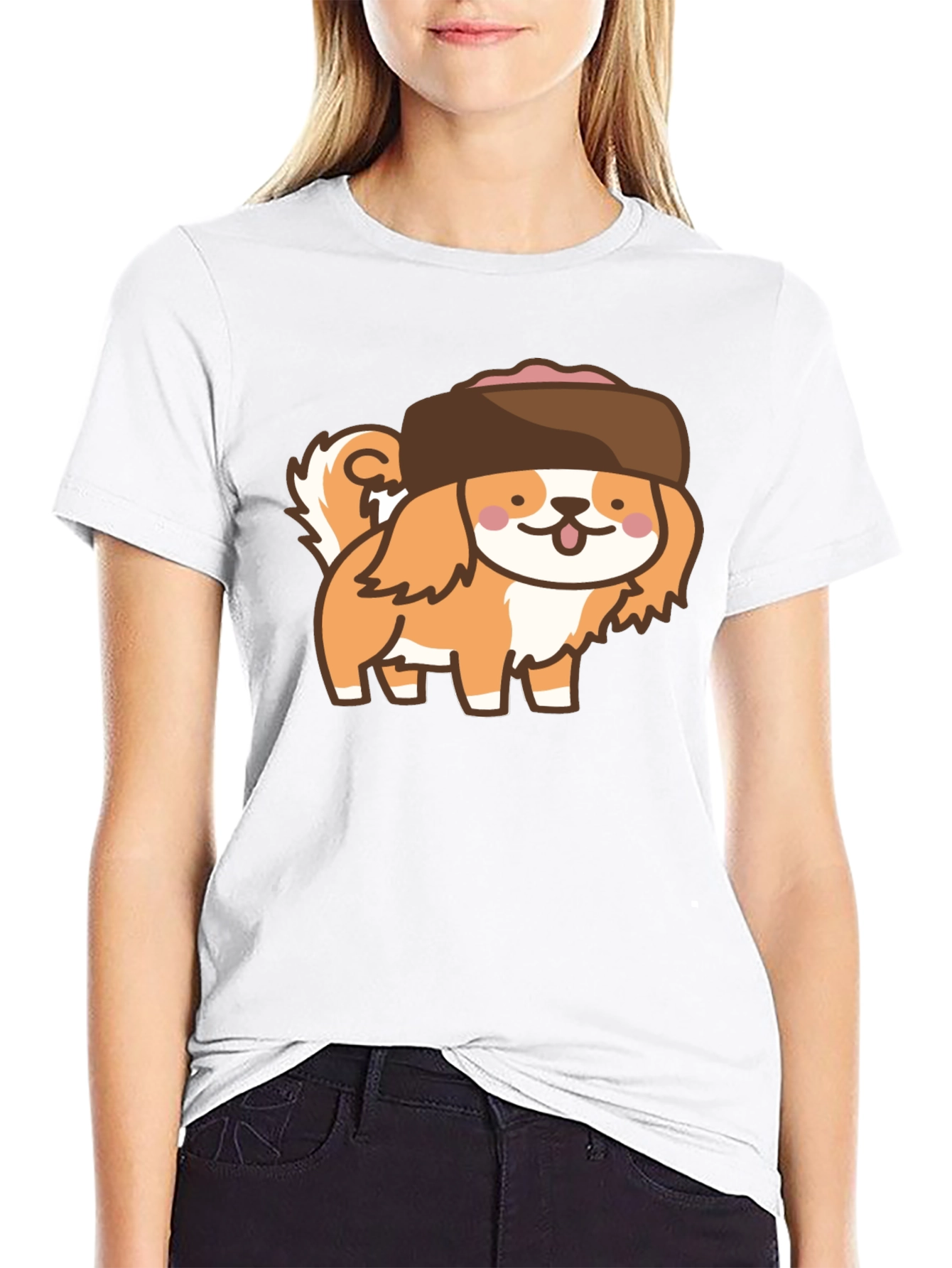 Kawaii Dog in Hat T-Shirt - Black Cotton Tee