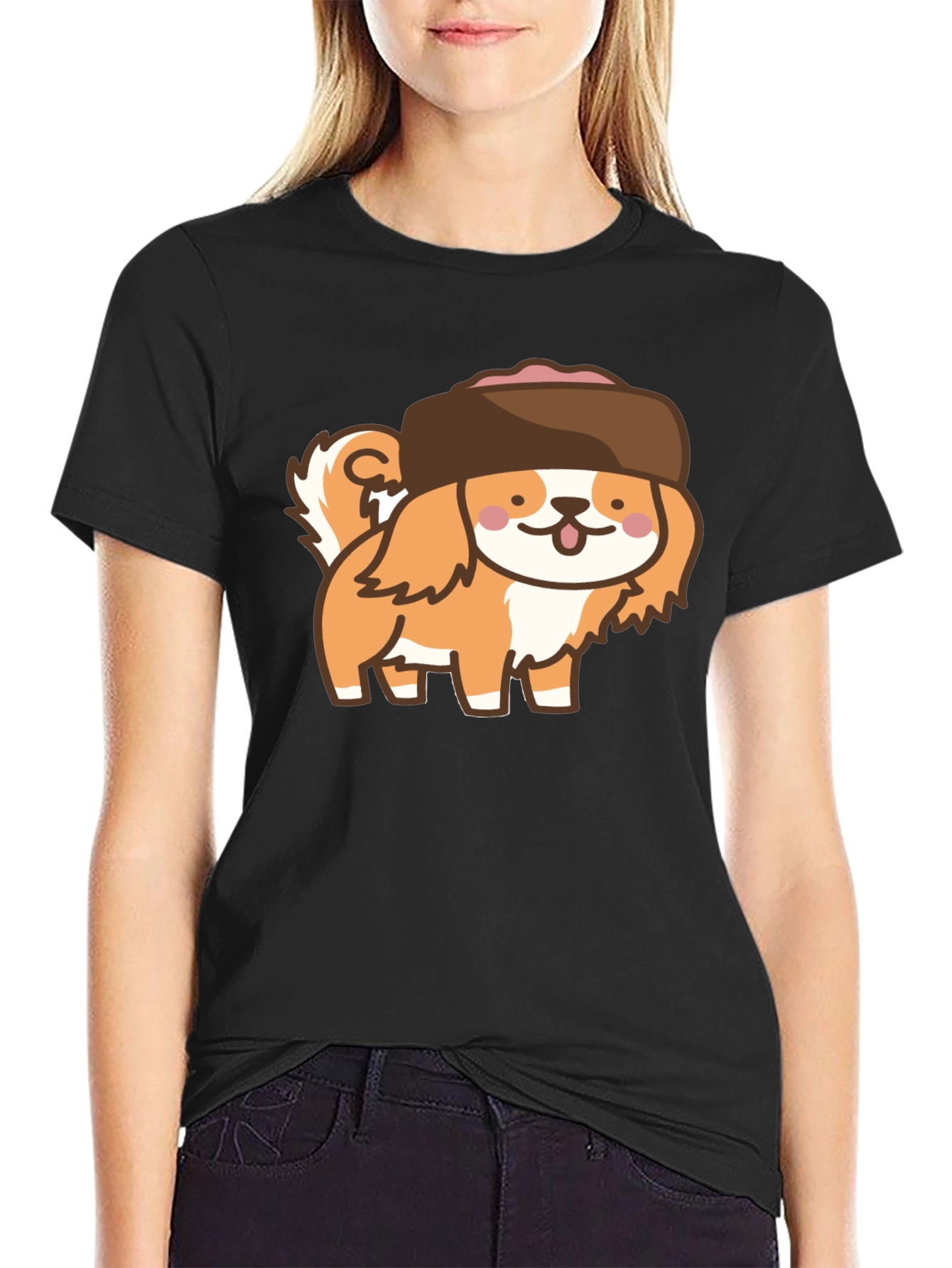 Kawaii Dog in Hat T-Shirt - Black Cotton Tee