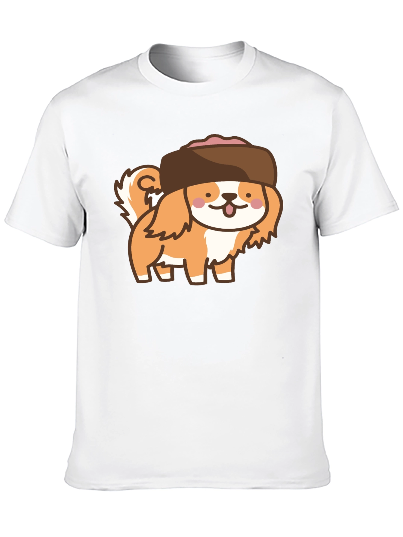 Kawaii Dog in Hat T-Shirt - Black Cotton Tee