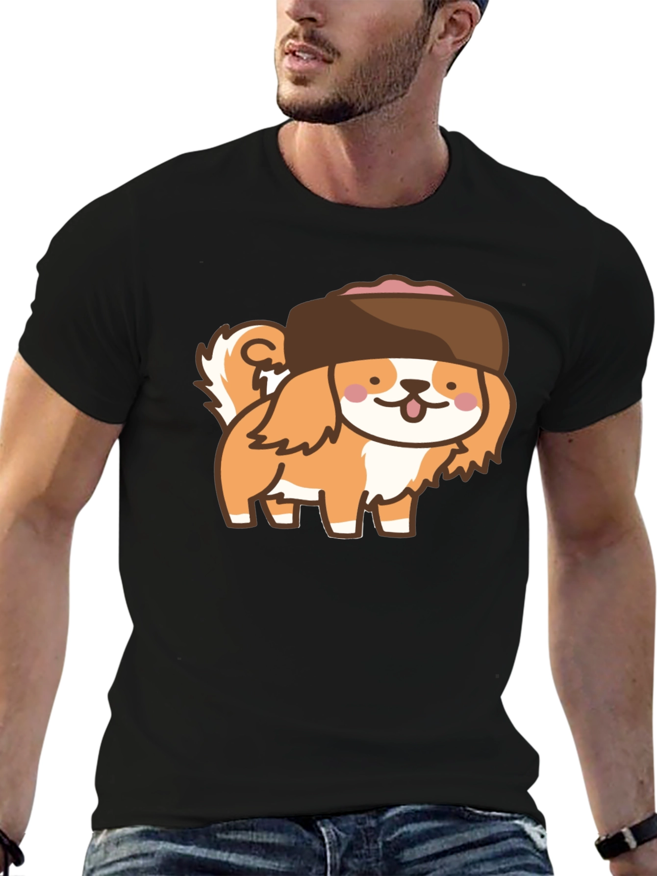 Kawaii Dog in Hat T-Shirt - Black Cotton Tee