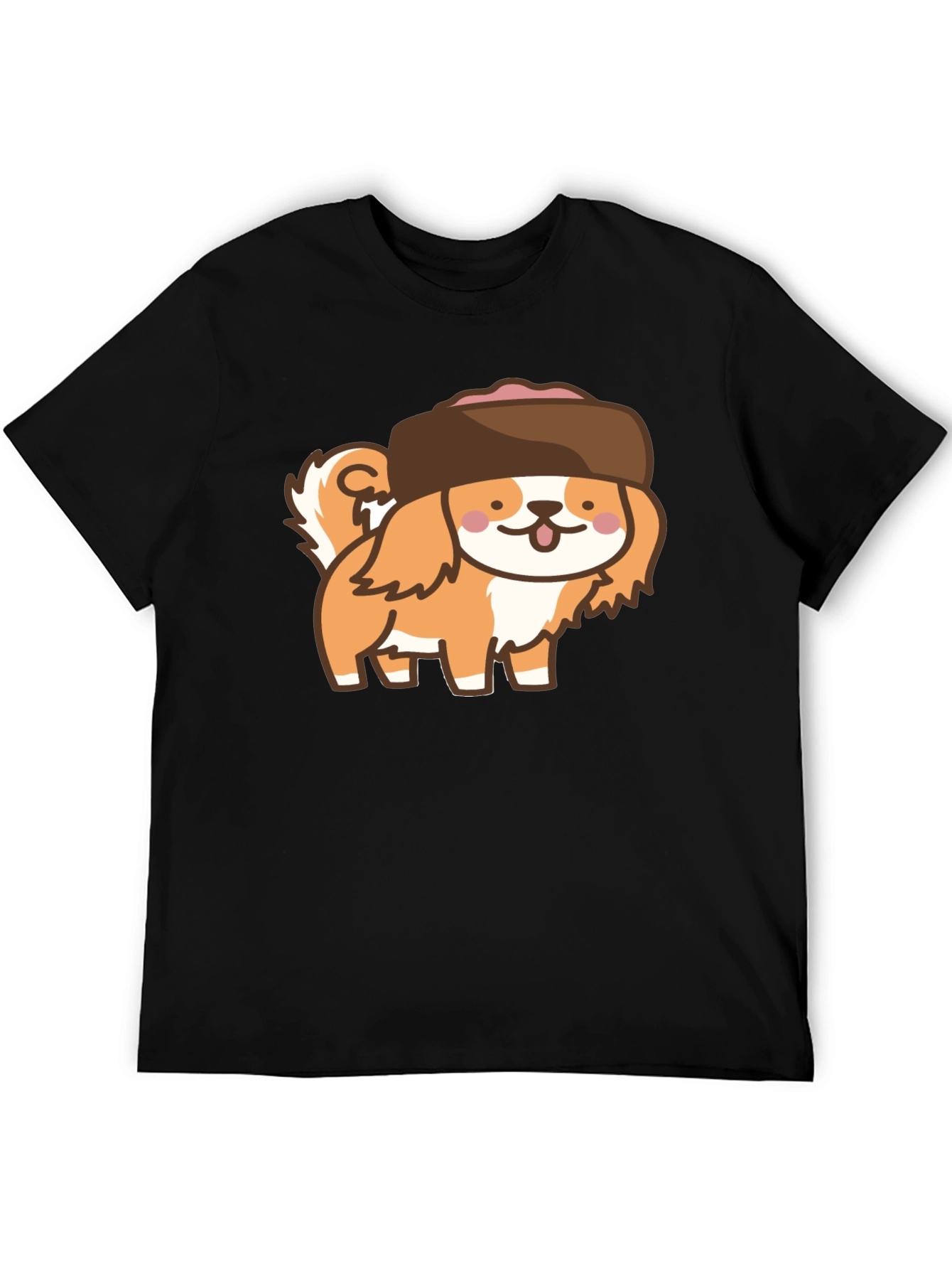 Kawaii Dog in Hat T-Shirt - Black Cotton Tee