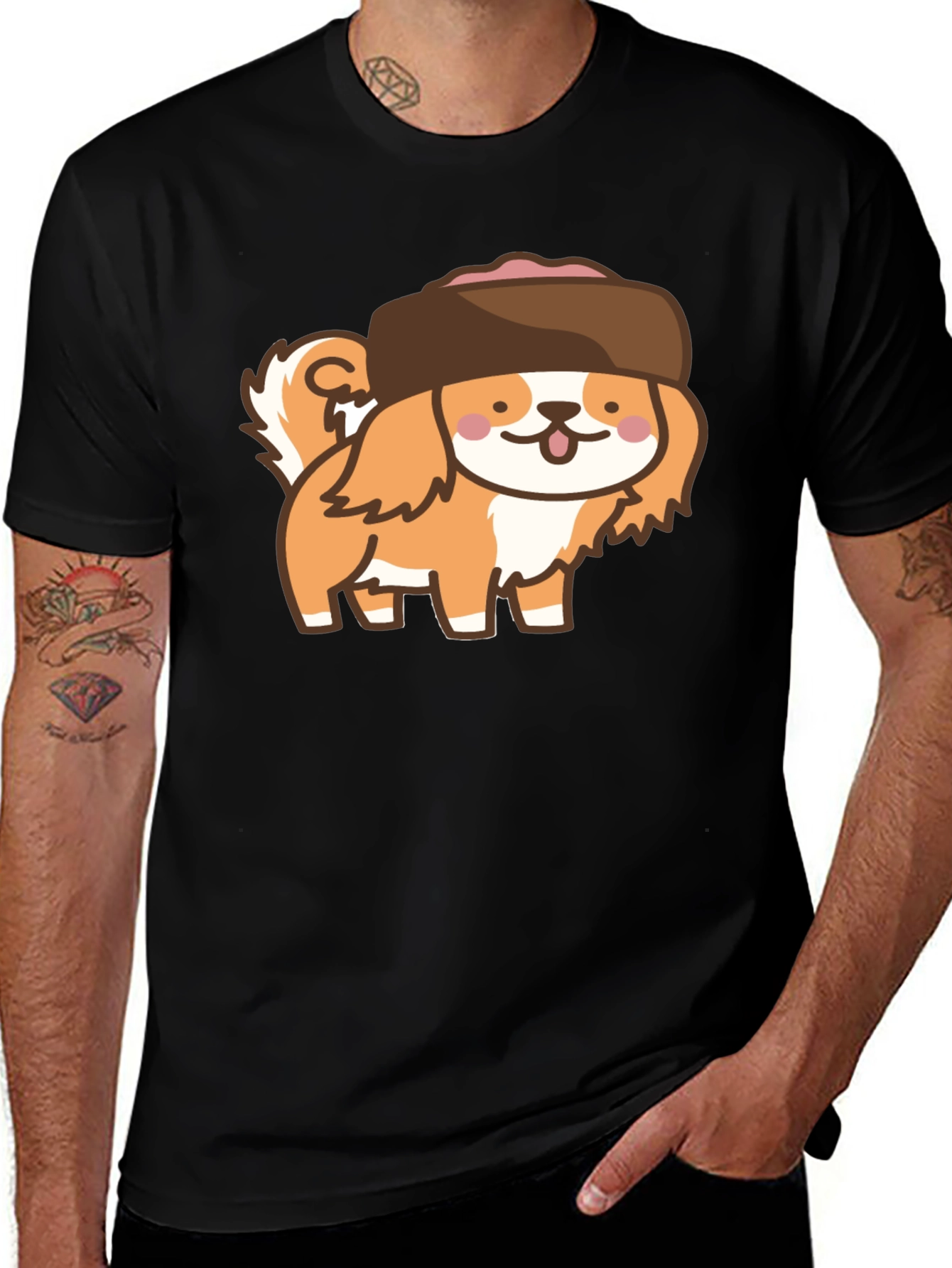 Kawaii Dog in Hat T-Shirt - Black Cotton Tee