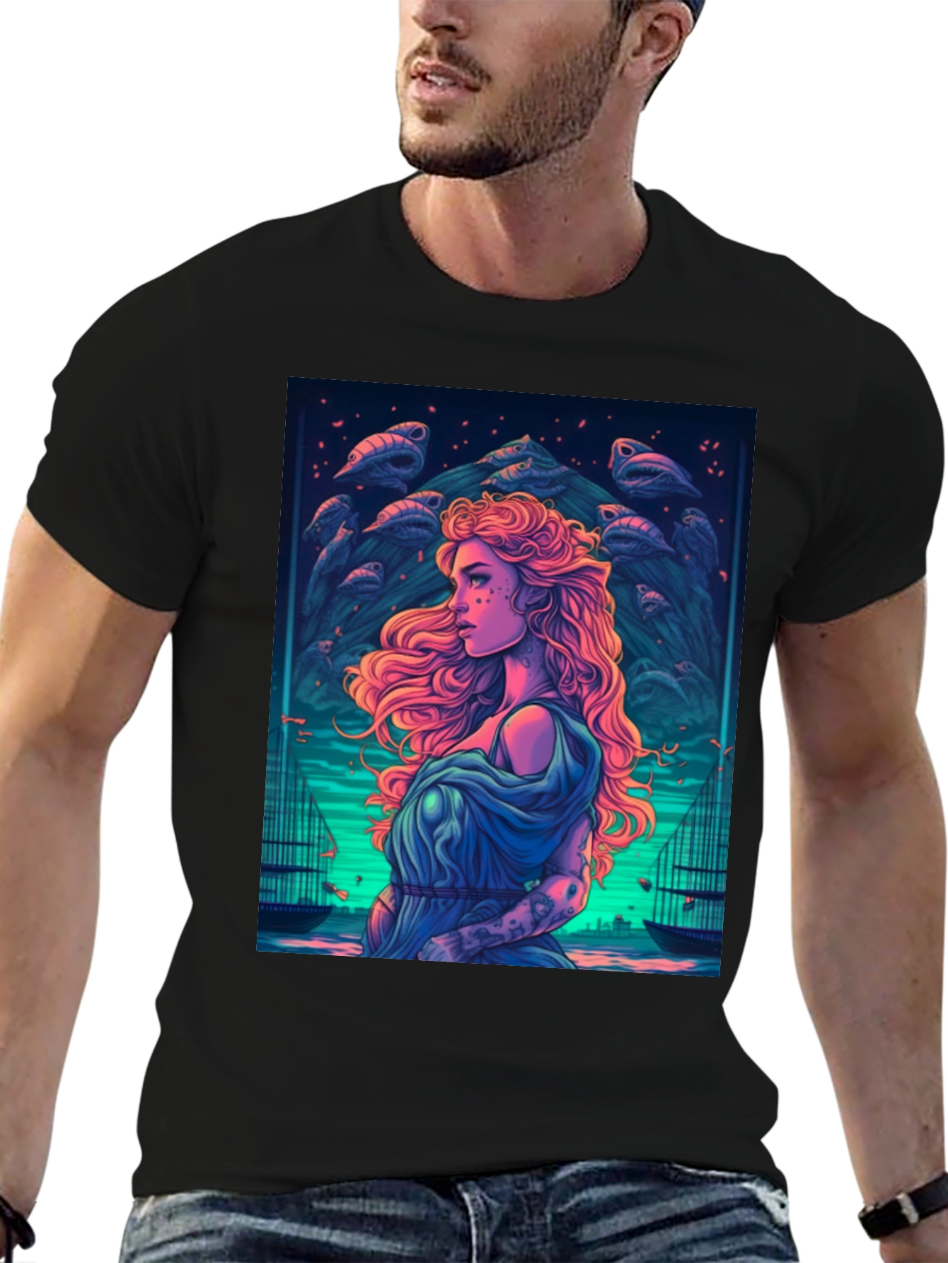 Mystic Sea Maiden Graphic T-Shirt - Black