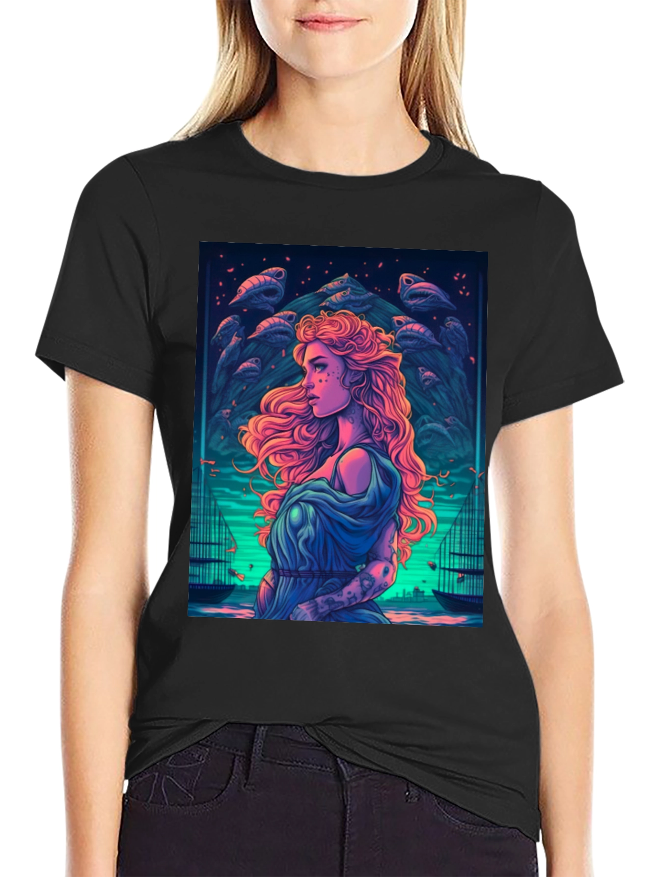 Mystic Sea Maiden Graphic T-Shirt - Black