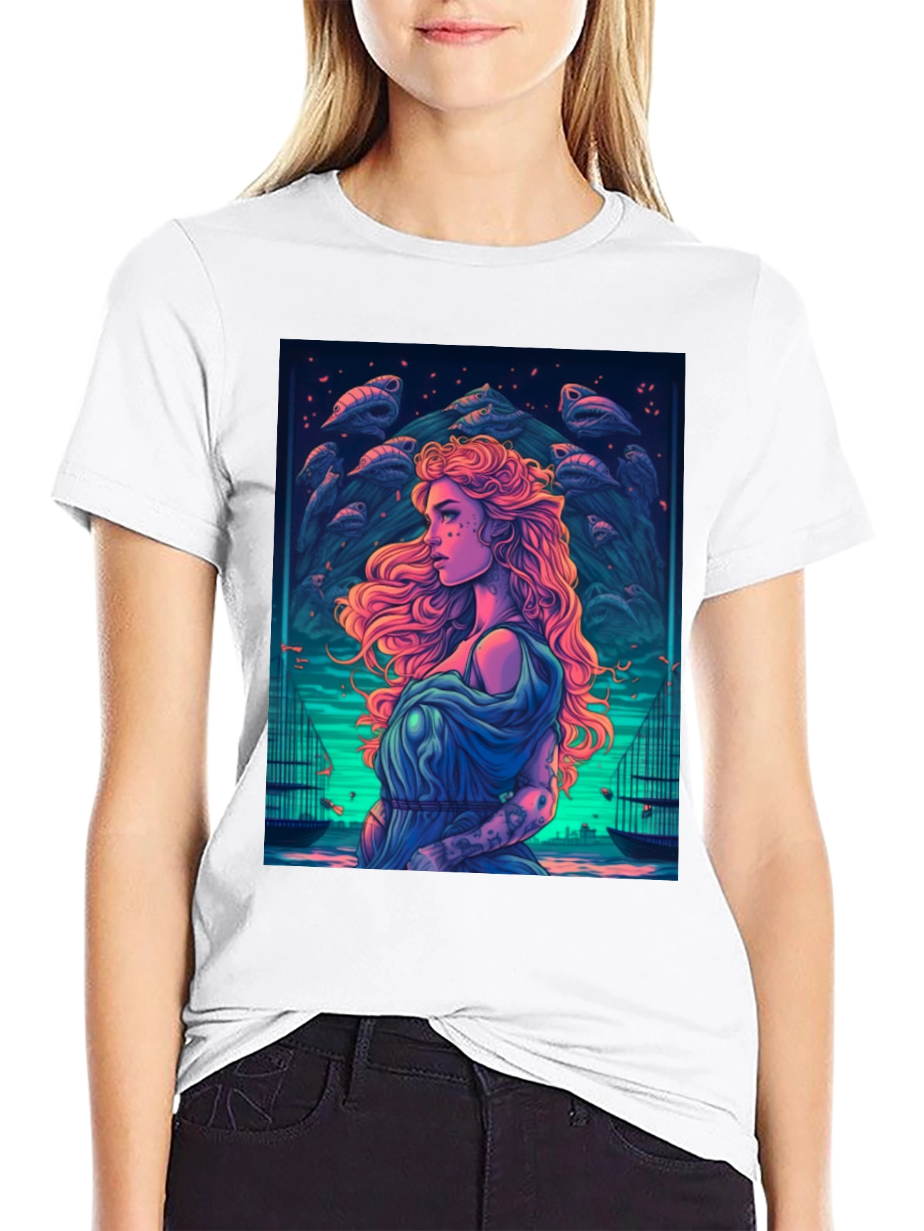 Mystic Sea Maiden Graphic T-Shirt - Black