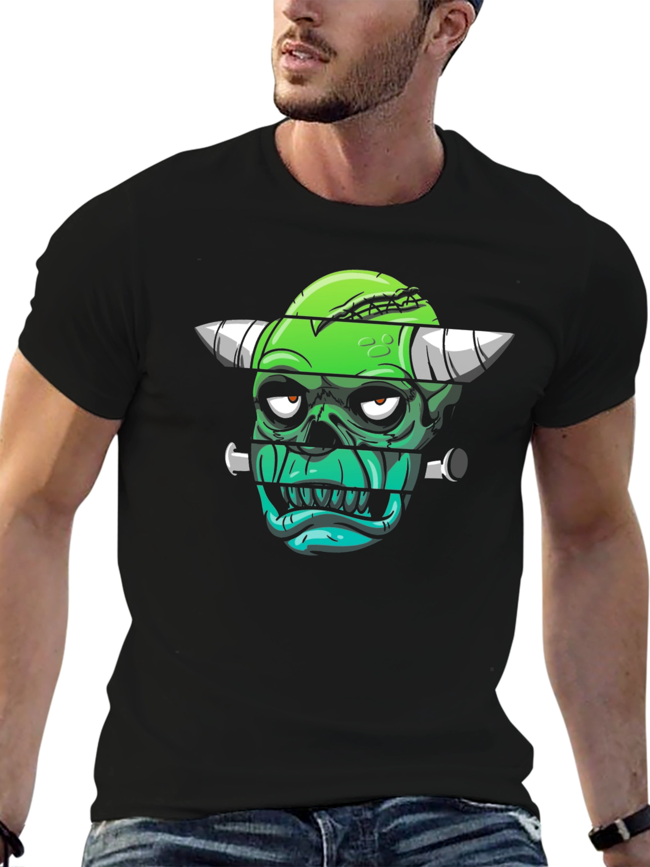 Frankenstein Monster Graphic Print Black T-Shirt