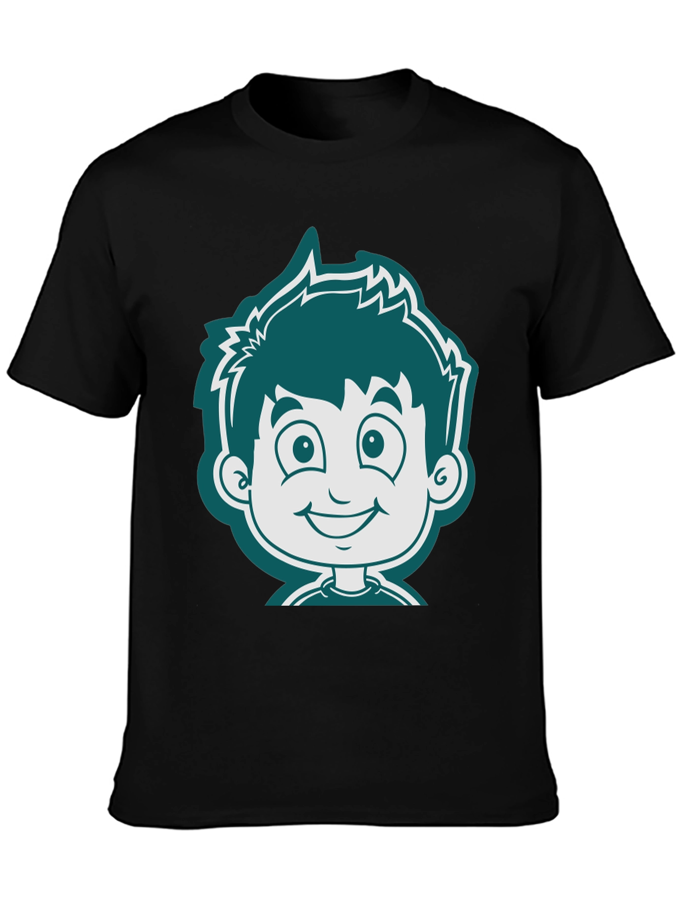 Cartoon Boy Graphic Tee - Black Cotton T-Shirt