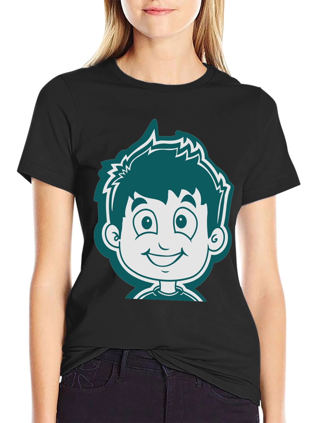 Cartoon Boy Graphic Tee - Black Cotton T-Shirt