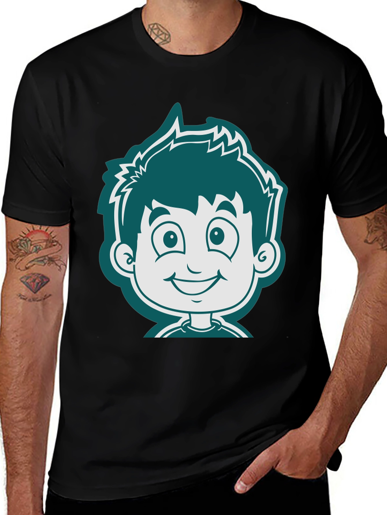 Cartoon Boy Graphic Tee - Black Cotton T-Shirt