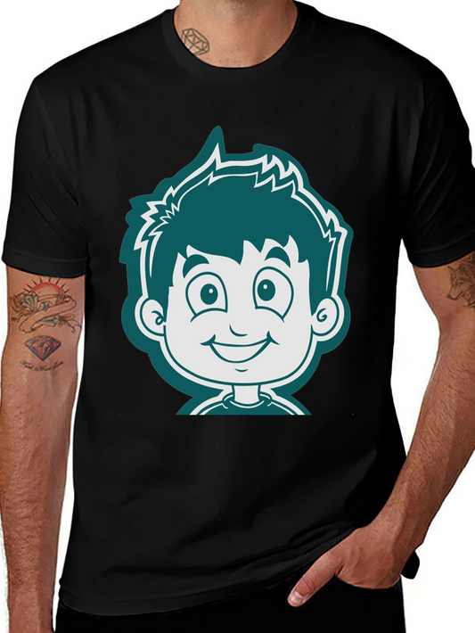 Cartoon Boy Graphic Tee - Black Cotton T-Shirt