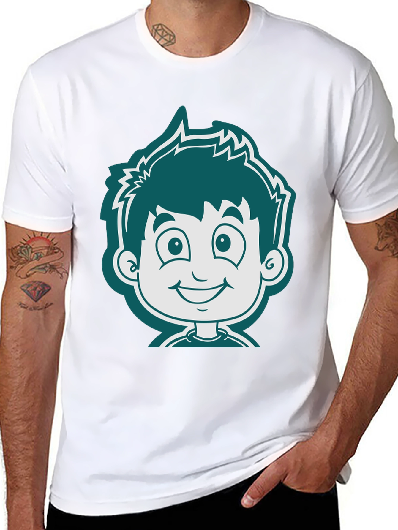 Cartoon Boy Graphic Tee - Black Cotton T-Shirt
