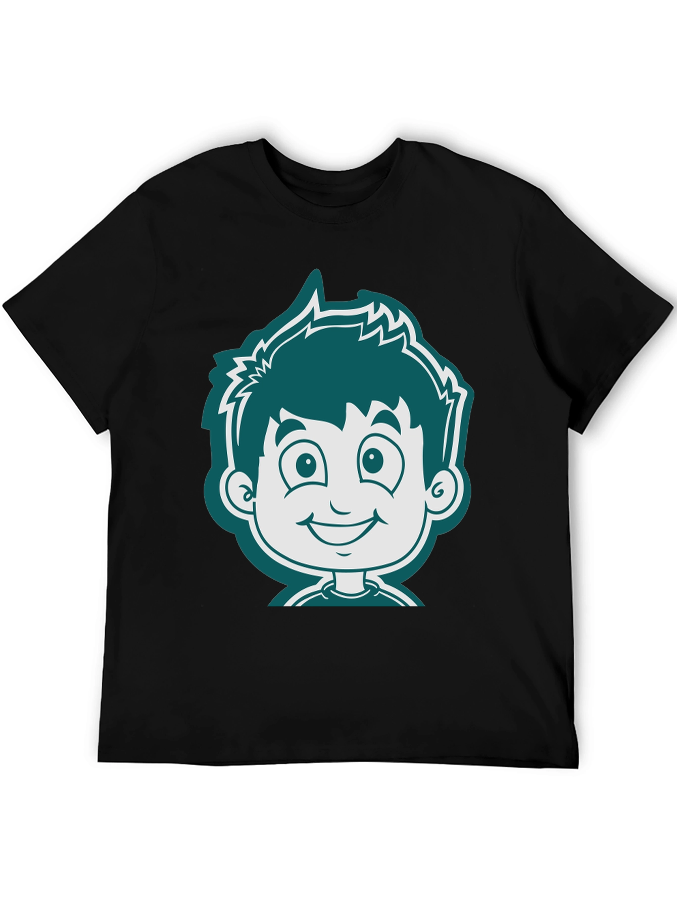 Cartoon Boy Graphic Tee - Black Cotton T-Shirt