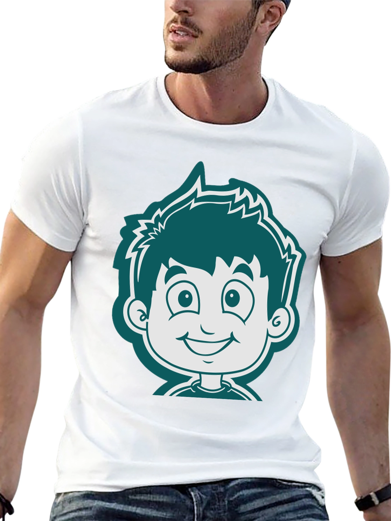 Cartoon Boy Graphic Tee - Black Cotton T-Shirt