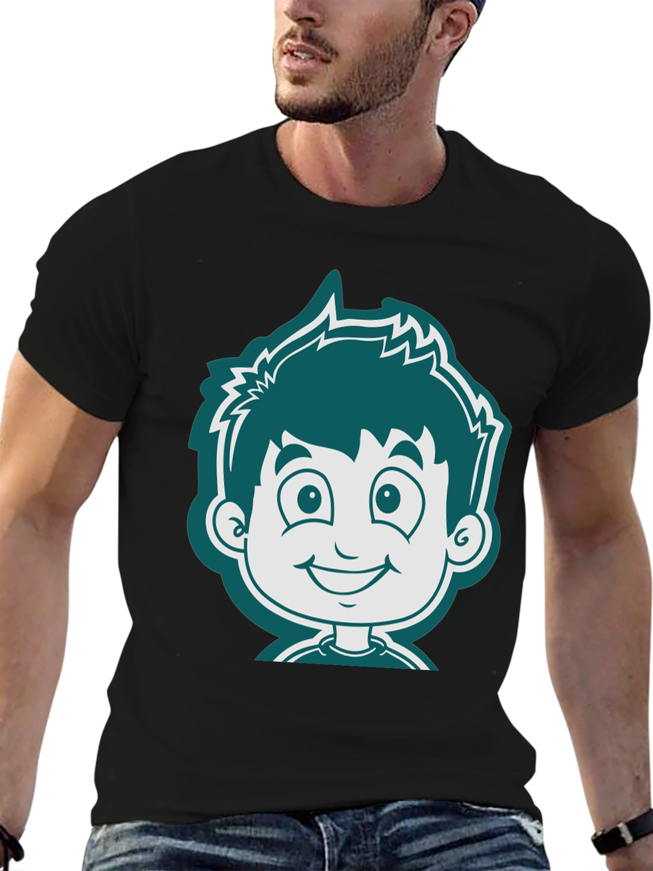 Cartoon Boy Graphic Tee - Black Cotton T-Shirt